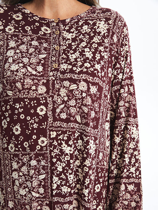 Bisiklet Yaka Desenli Uzun Kollu Elbise