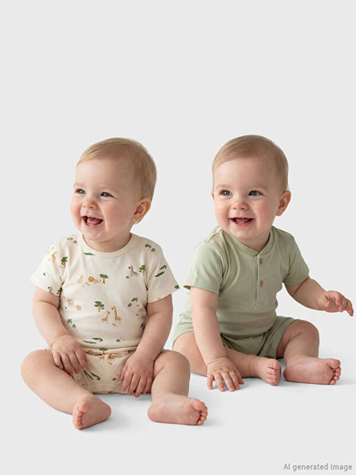 Bask?l? Erkek Bebek Tulum 2li