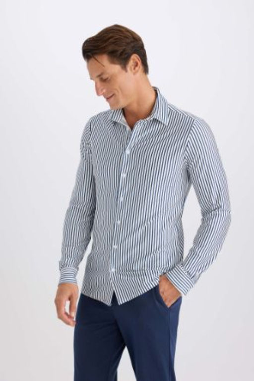 Slim Fit Dar Kesim Polo Yaka Cizgili Uzun Kollu Gomlek