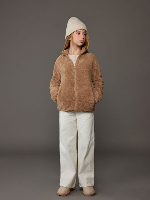 Dik Yaka Pel?? K?z ?ocuk Fermuarl? H?rka