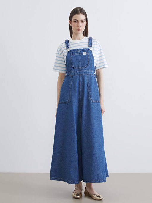 Kare Yaka Jean Salopet Elbise