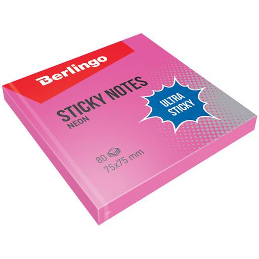 Блок самоклеящийся Berlingo "Ultra Sticky" 75*75мм 80л., неоновый розовый (LSn_39203)