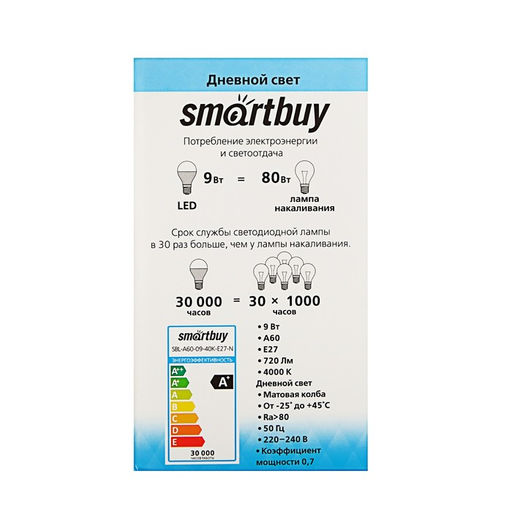 Цена за 2 шт. Лампа cветодиодная Smartbuy, E27, A60, 9 Вт, 4000 К, дневной белый свет