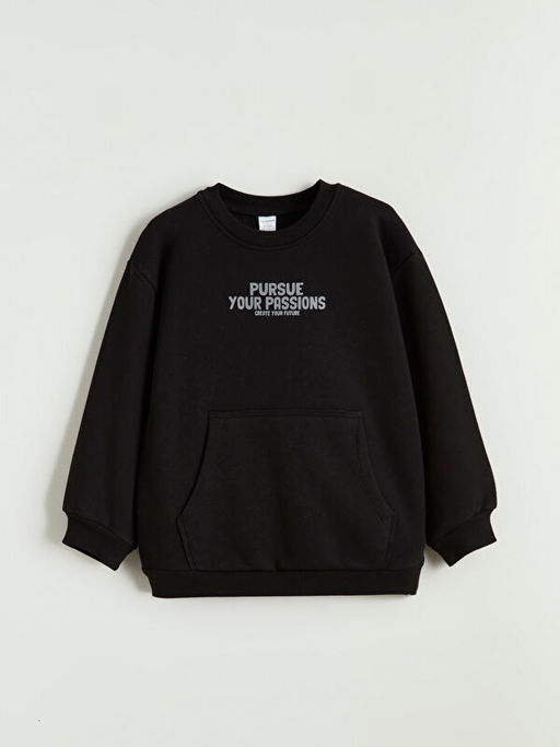 Bask?l? Erkek ?ocuk Kal?n Sweatshirt