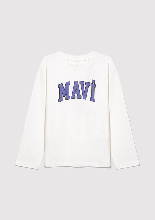 Mavi Logo Bask?l? Uzun Kollu Beyaz Tisort