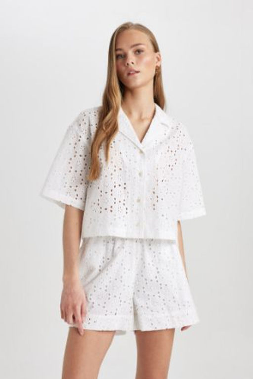 Oversize Genis Kal?p Pijama Yaka Nak?sl? Brode K?sa Kollu Gomlek