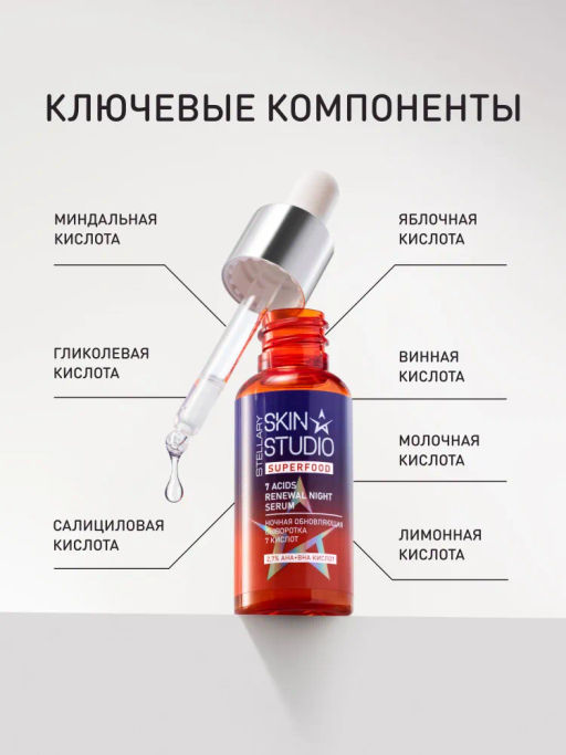 STELLARY SKIN STUDIO Сыворотка для лица ночная осветляющая, увлажняющая от пигментации и прыщей с AHA, BHA кислотами, салициловой кислотой SUPERFOOD, 30 мл  фото 5