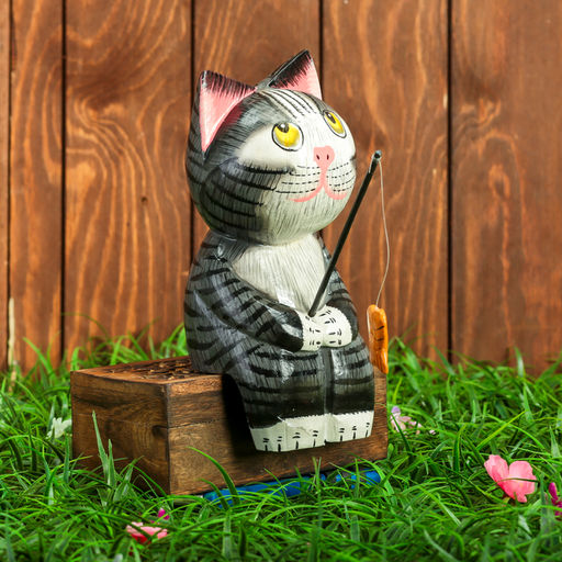 Сувенир «Котёнок рыбак», 9×9×25 см, дерево, серый