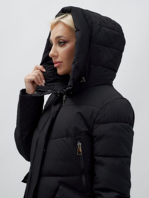 Пальто утепленное стеганное зимнее с капюшоном женское черного цвета 9639Ch - Mtforce фото 7