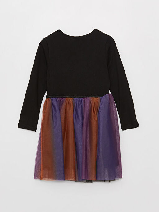 Bisiklet Yaka Bask?l? Uzun Kollu K?z ?ocuk Elbise ve Ta?