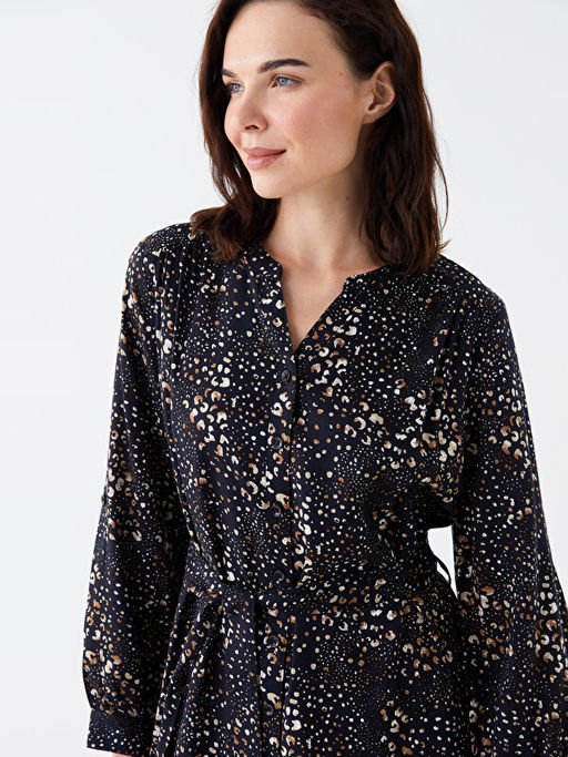 Ka??k Yaka Desenli Uzun Kollu Kad?n G?mlek Elbise