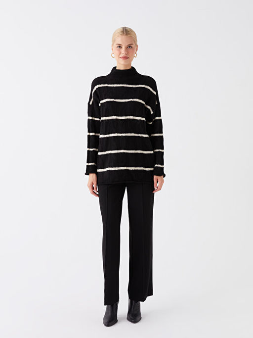 Yar?m Bal?k?? Yaka ?izgili Uzun Kollu Kad?n Triko Kazak