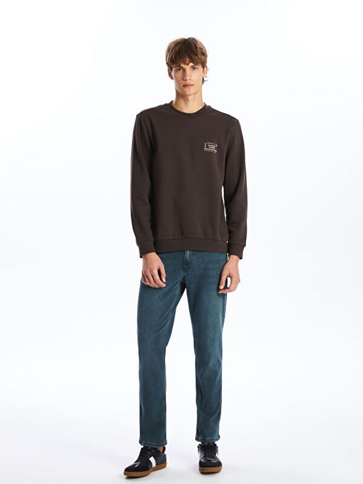 Bisiklet Yaka Bask?l? Erkek Kal?n Sweatshirt