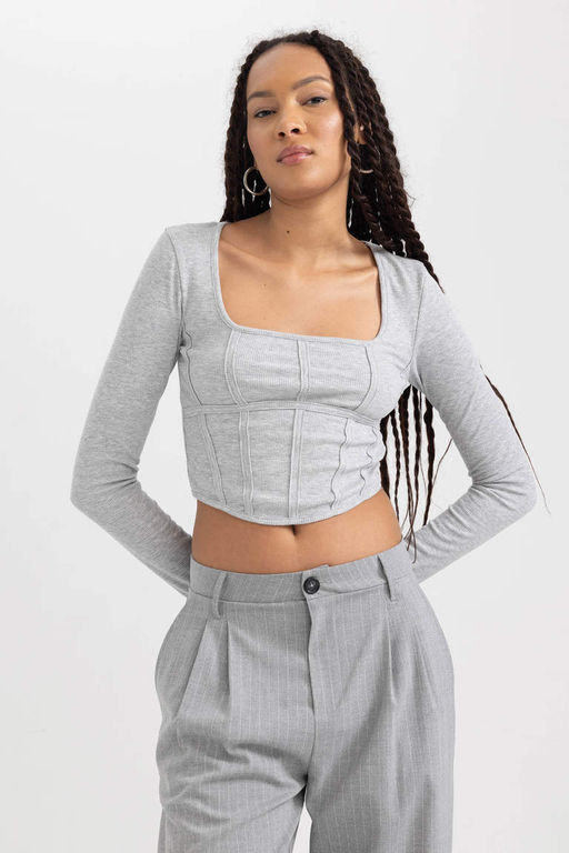 Приталенная футболка с длинными рукавами и круглым вырезом в рубчик - Defacto фото 8