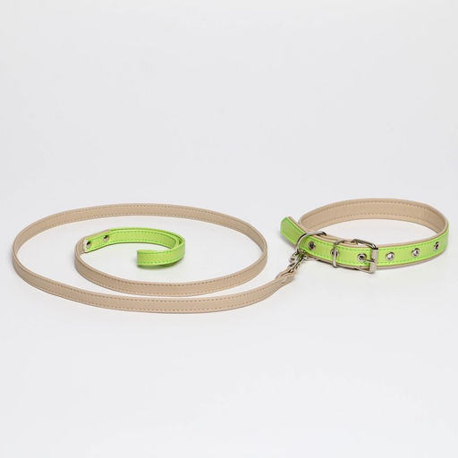 Комплект ошейник (58х2.5 см) и поводок (130х1.4 см) из экокожи, салатовый с бежевым - Пушистое счастье фото 3