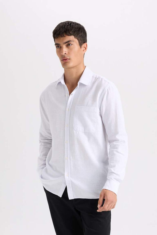 Мужская белая хлопковая базовая рубашка обычного кроя с длинными рукавами и обычным кроем - Defacto фото 4