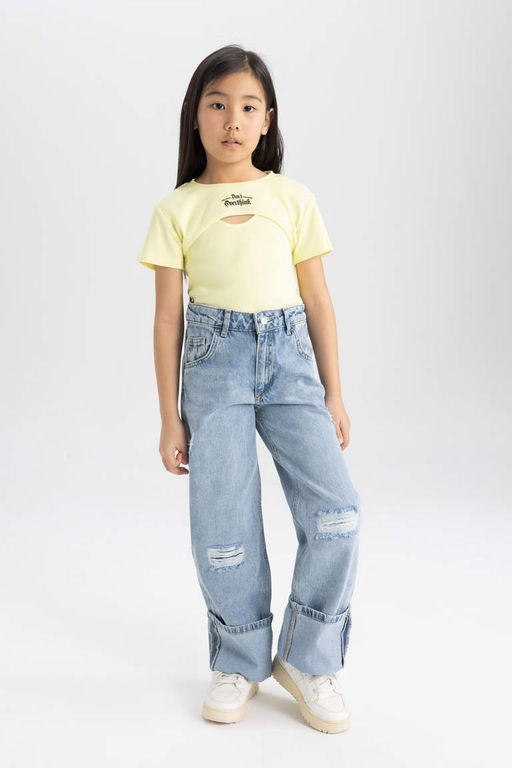 Футболка из двух частей с короткими рукавами в рубчик для девочек - Defacto фото 2