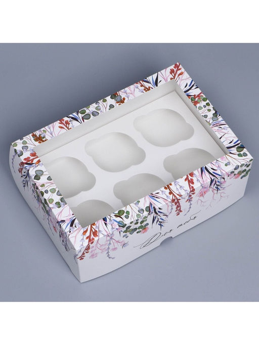 Цена за 5 шт. Коробка для капкейков, кондитерская упаковка с окном, 6 ячеек «Венок», 25×17×10 см