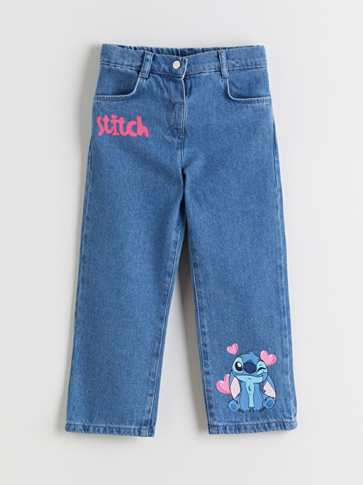 Beli Lastikli Stitch Bask?l? K?z ?ocuk Jean Pantolon