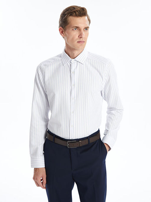 Slim Fit Uzun Kollu ?izgili Gabardin Erkek G?mlek