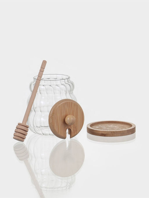 Баночка для мёда и варенья «Эко. Рельеф», 9×12.5 см, с бамбуковой крышкой и ложной, на подставке, стекло, прозрачная