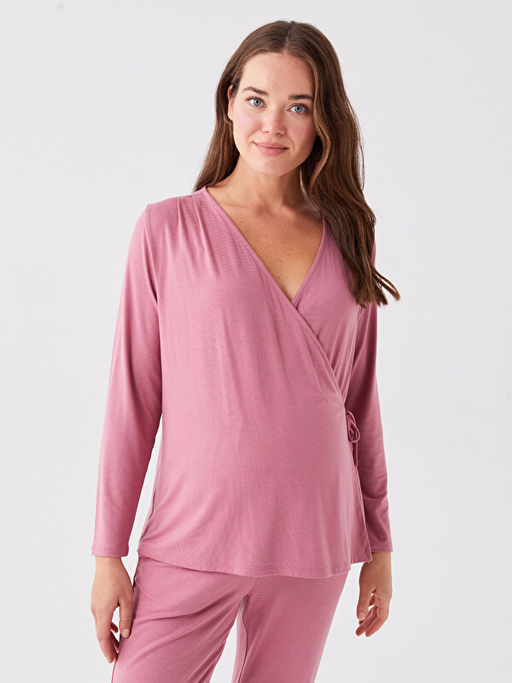 Kruvaze Yaka D?z Uzun Kollu Hamile Pijama Tak?m?