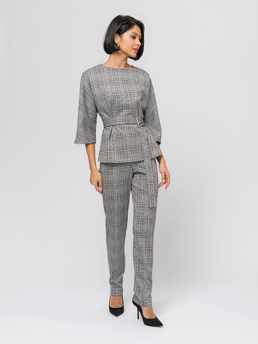 Блуза серого цвета в розовую клетку с поясом и рукавами 3/4 - 1001dress фото 2