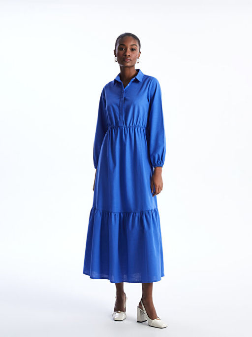 G?mlek Yaka D?z Uzun Kollu Elbise