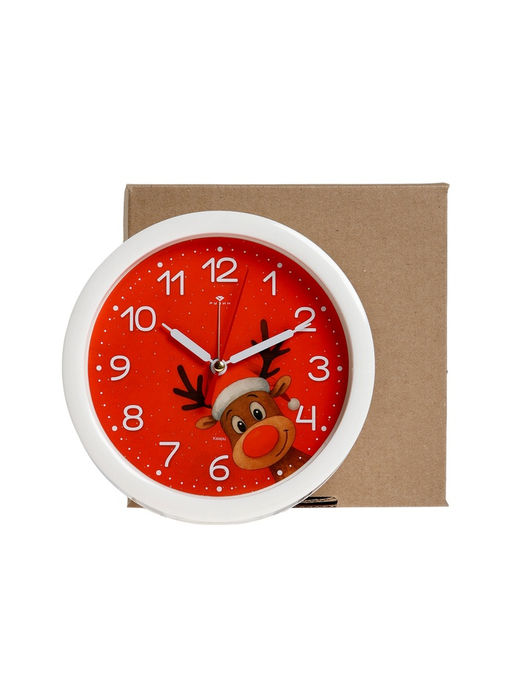 Будильник «Новогодний олень», плавный ход, d=15 см, красный, корпус белый