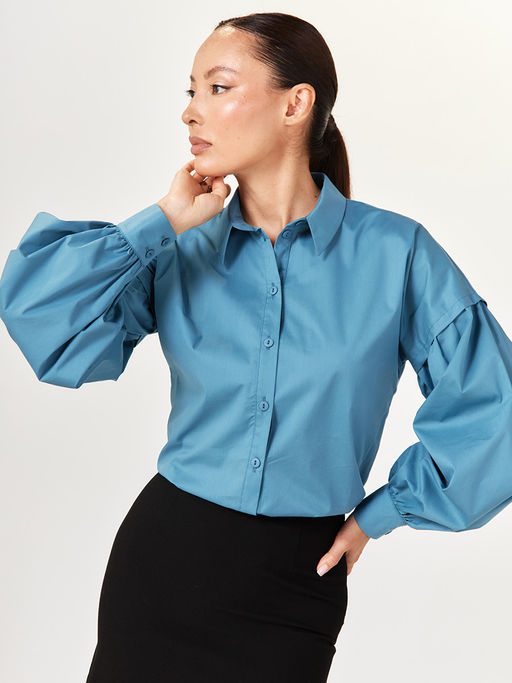 Рубашка блузка с пышным рукавом 100% хлопок голубой