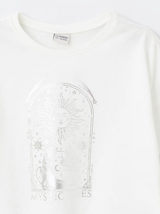 Bisiklet Yaka Bask?l? K?sa Kollu K?z ?ocuk Crop Ti??rt - Waikiki фото 3