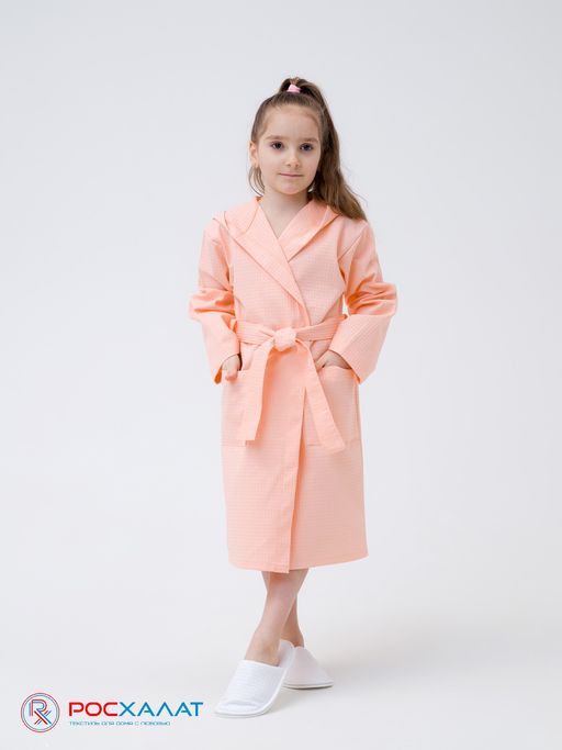 Детский вафельный халат с капюшоном нежно-персиковый В-07 (17)