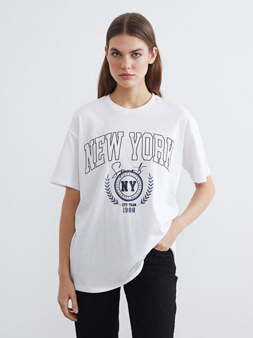 Bisiklet Yaka New York Bask?l? Kad?n Ti??rt