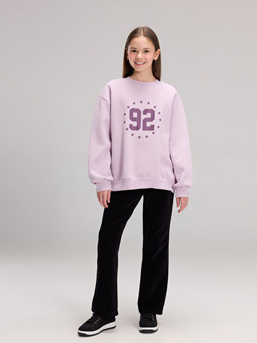 Bisiklet Yaka Bask?l? K?z ?ocuk Kal?n Sweatshirt