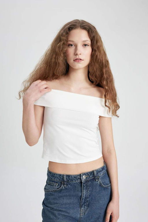 Приталенная футболка с открытыми плечами и короткими рукавами - Defacto фото 6