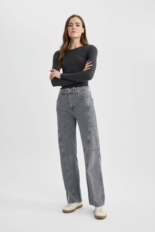 Широкие длинные джинсовые брюки с высокой талией в стиле 90-х годов - Defacto фото 2