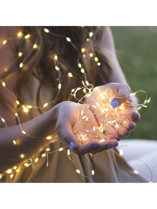 Гирлянда «Мишура» 2 м роса, IP20, серебристая нить, 50 LED, батарейки CR2032х2 (в комплекте), свечение тёплое белое