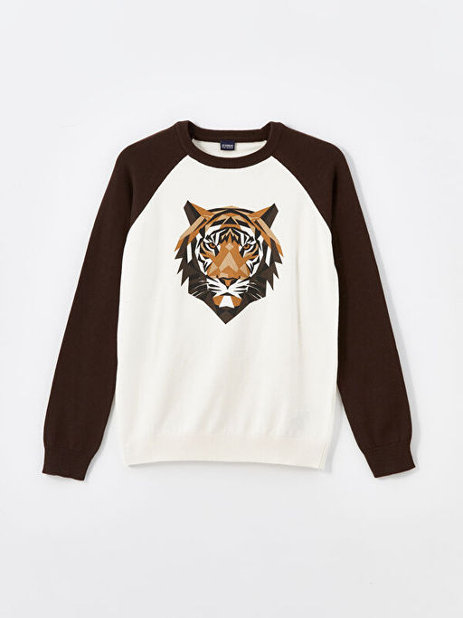 Bisiklet Yaka Bask?l? Uzun Kollu Erkek ?ocuk Triko Kazak