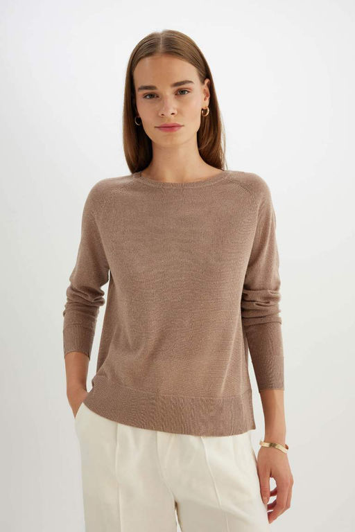 Женский однотонный вязаный свитер стандартного силуэта с круглым вырезом и рукавами реглан, серебристый - Defacto фото 3