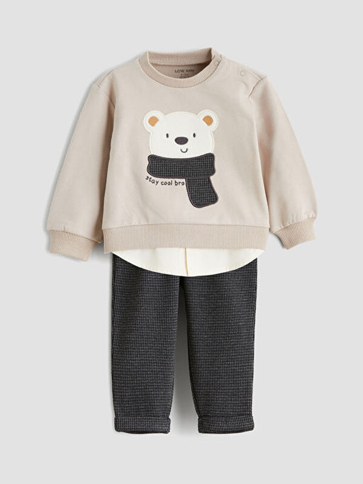 Bask?l? Erkek Bebek Sweatshirt ve Pantolon 2li