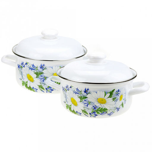 "Ромашковое поле" Набор эмалированных кастрюль 2 предмета: 2л, 3л, s0,8мм, форма цилиндрическая, двойной слой эмалевого покрытия, металлическая крышка с пластмассовой ручкой-кнопкой, металлические ручки, нержавеющий ободок (Россия)