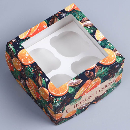 Цена за 5 шт. Коробка складная на 4 капкейка новогодняя с окном «С Новым годом», 16×16×10 см