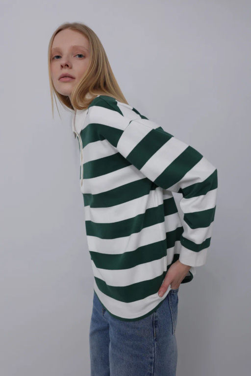 Блузка-поло в широкую горизонтальную бело-зеленую полоску - Incity фото 4