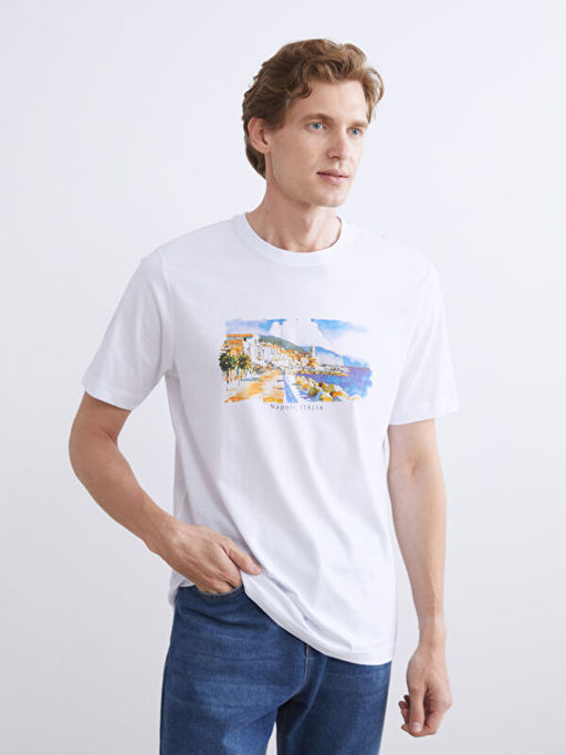 Bisiklet Yaka Bask?l? Penye Erkek Ti??rt