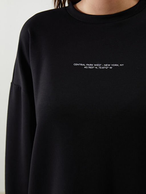 Bisiklet Yaka Bask?l? Oversize Kad?n Sweatshirt