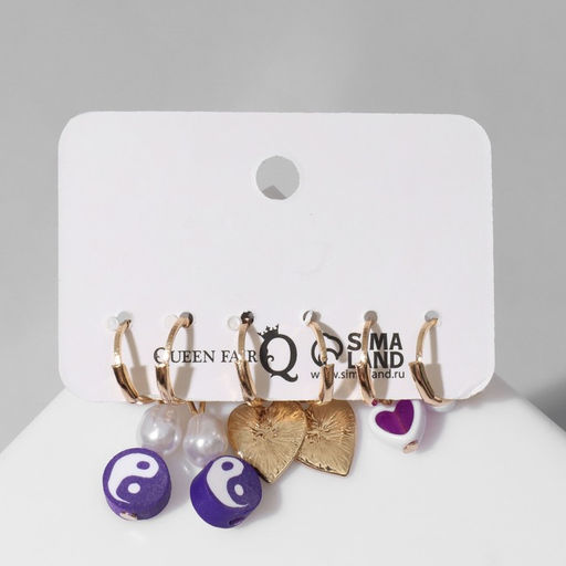 Набор серьги 3 пары Тинейдж, цвет бело-фиолетовый в золоте - Queen fair фото 2