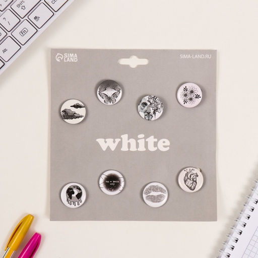 Набор значков на одежду, рюкзак, сумку Белые, 8 шт., d=25 мм, закатные, 16.5?17 см