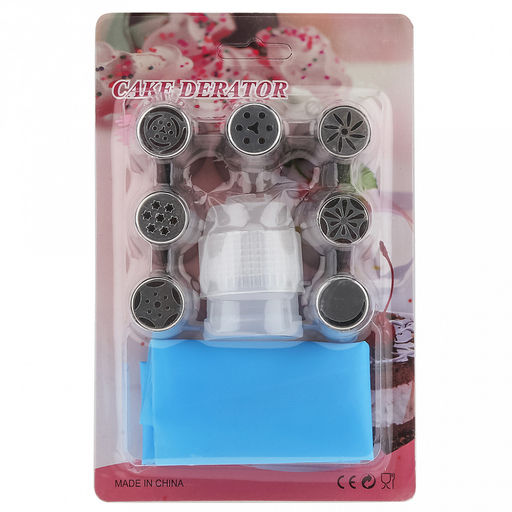 Кондитерский набор 9 предметов Букет: мешок для крема п/эт 32см, насадка из нержавеющей стали - 7 штук, закрытые готовый цветок, д3см, h4,2см; фиксатор винтовой для насадок пластик, на блистере 18х11,8х4,5см (Китай)