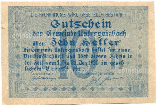 10 геллеров 1920 года Австрия Унтерайсбах (нотгельд)