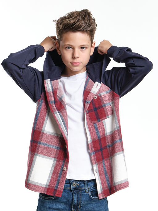 Рубашка подростковая в клетку с капюшоном UD 7982 т.син/бордо клетка - Mini maxi фото 4